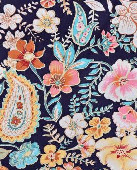 Preview: Viskose Druck große Paisley Muster und Blüten auf Dunkelblau